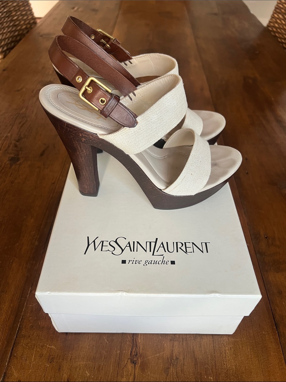Yves Saint Laurent Cream Canvas and Brown Leather Platform Heels